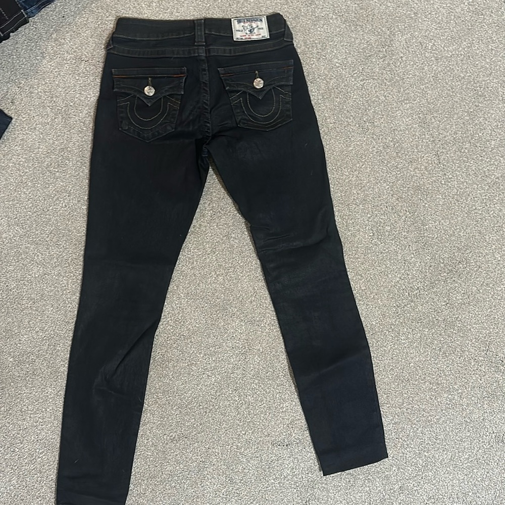 True Religion denim legging Sz 27. inseam 28” coated denim. Excellent condition.